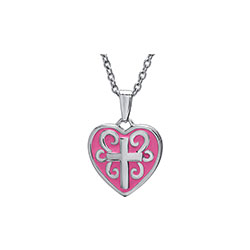 Little Girls Tiny Pink Heart Cross Pendant Necklace - Sterling Silver Rhodium/