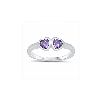 Adorable Double Heart Baby Ring - Sterling Silver Rhodium - Amethyst CZ - Size 1