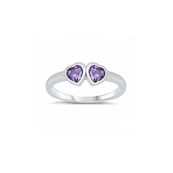 Adorable Double Heart Baby Ring - Sterling Silver Rhodium - Amethyst CZ - Size 1/