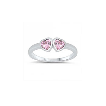 Adorable Double Heart Baby Ring - Sterling Silver Rhodium - Pink Sapphire CZ - Size 1