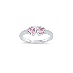 Adorable Double Heart Baby Ring - Sterling Silver Rhodium - Pink Sapphire CZ - Size 1/
