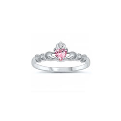 Adorable Claddagh Baby Ring - Sterling Silver Rhodium - Light Pink Sapphire CZ - Size 1/