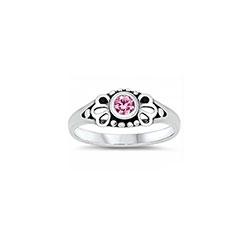 Adorable Antique Flower Baby Ring - Sterling Silver Rhodium - Light Pink Sapphire CZ - Size 2/