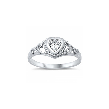 Gorgeous Ornate Heart Scroll Baby Ring - Sterling Silver Rhodium - April Diamond CZ - Size 1