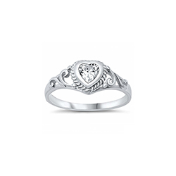 Gorgeous Ornate Heart Scroll Baby Ring - Sterling Silver Rhodium - April Diamond CZ - Size 3/