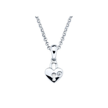 Adorable Tiny Heart Lock Pendant - Diamond Girls Necklace - Sterling Silver Rhodium - 16" (adjustable at 15" and 14") rolo chain included 