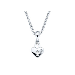 Adorable Tiny Heart Lock Pendant - Diamond Girls Necklace - Sterling Silver Rhodium - 16