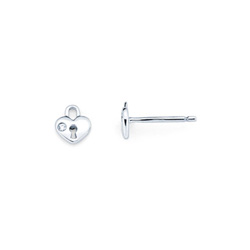 Heart Lock Diamond Earrings for Girls and Baby - Sterling Silver Rhodium Earrings with Push-Back Posts - BEST SELLER/