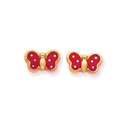 Perfect Little Butterflies - 14K Yellow Gold Red with White Dots Girls Butterfly Earrings/