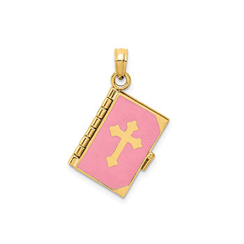 Pink Enameled Bible Verse Necklace - 14K Gold