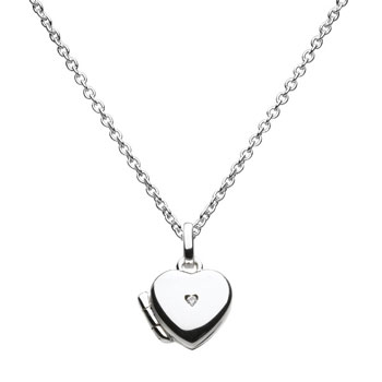 Girls Adorable Heart Locket with Diamond - Sterling Silver Rhodium - Engravable on back - Includes 14" chain adjustable at 14", 13", and 12"